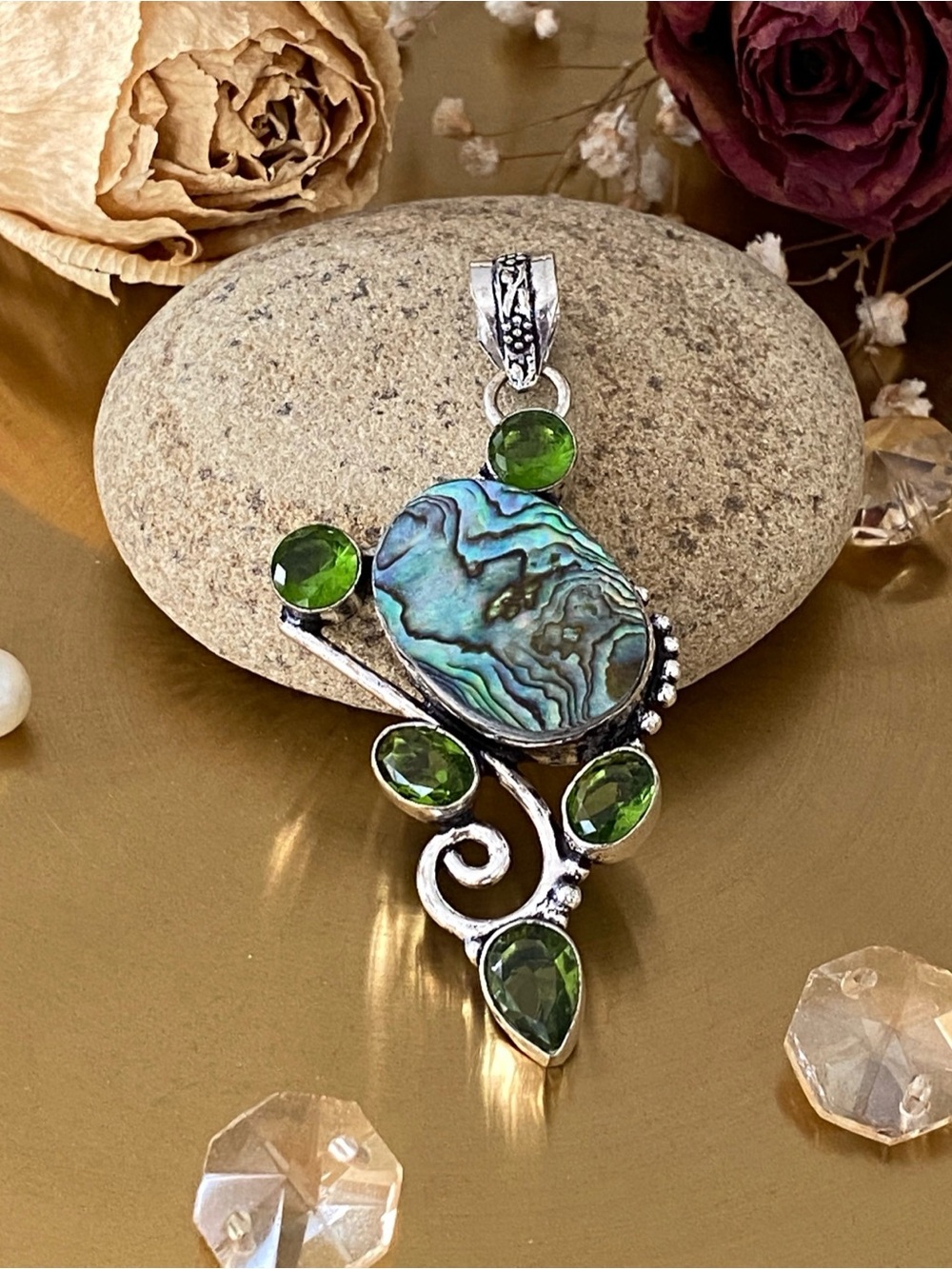 Abalone Shell And Peridot Hand Crafted Pendant